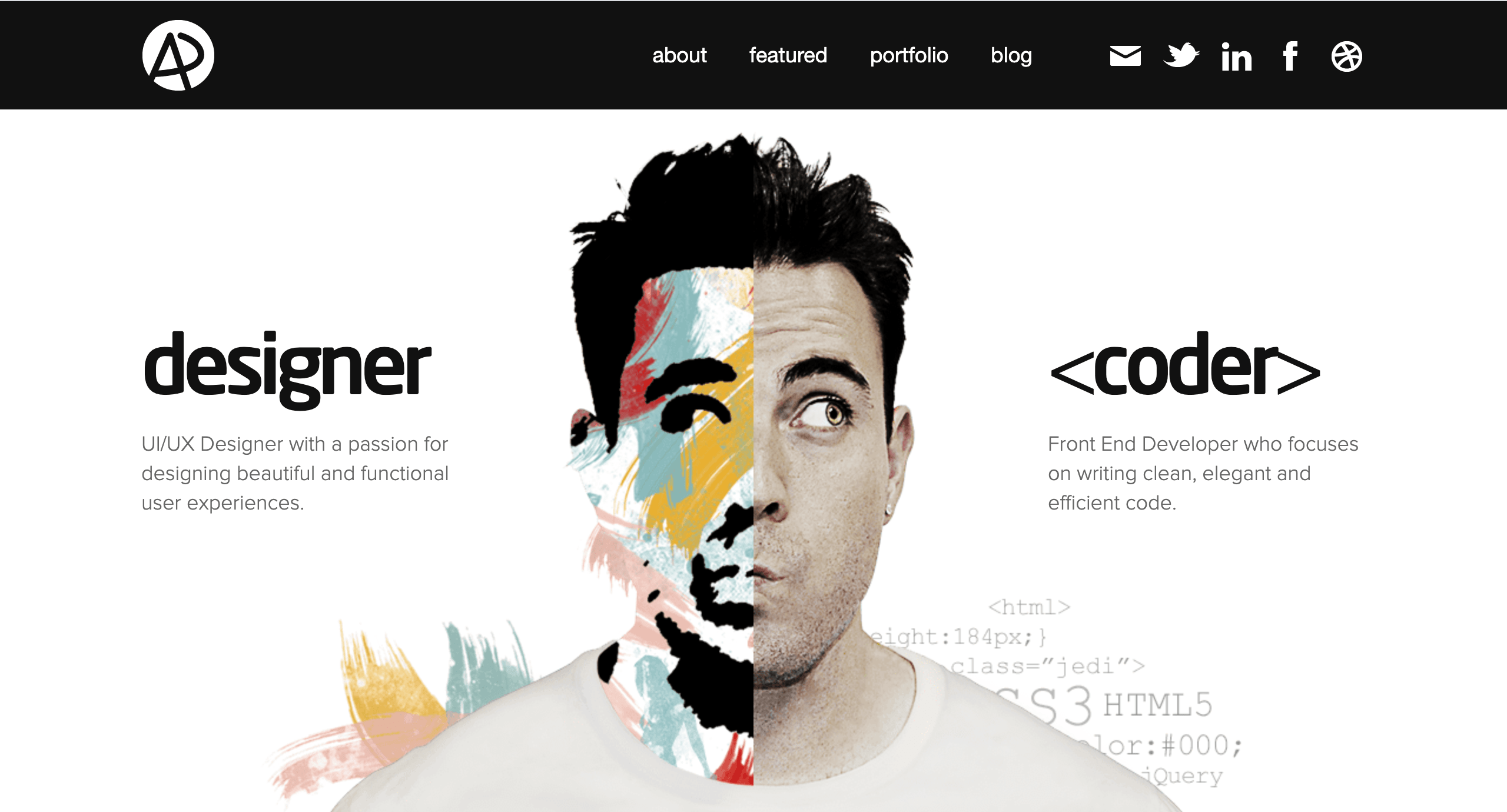 web landing with a face which is divided into two parts desingner and coder symmetrical balance