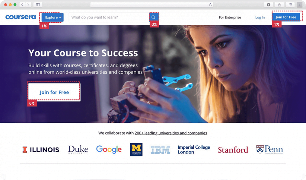 automatic percentage of attention on Coursera landing page